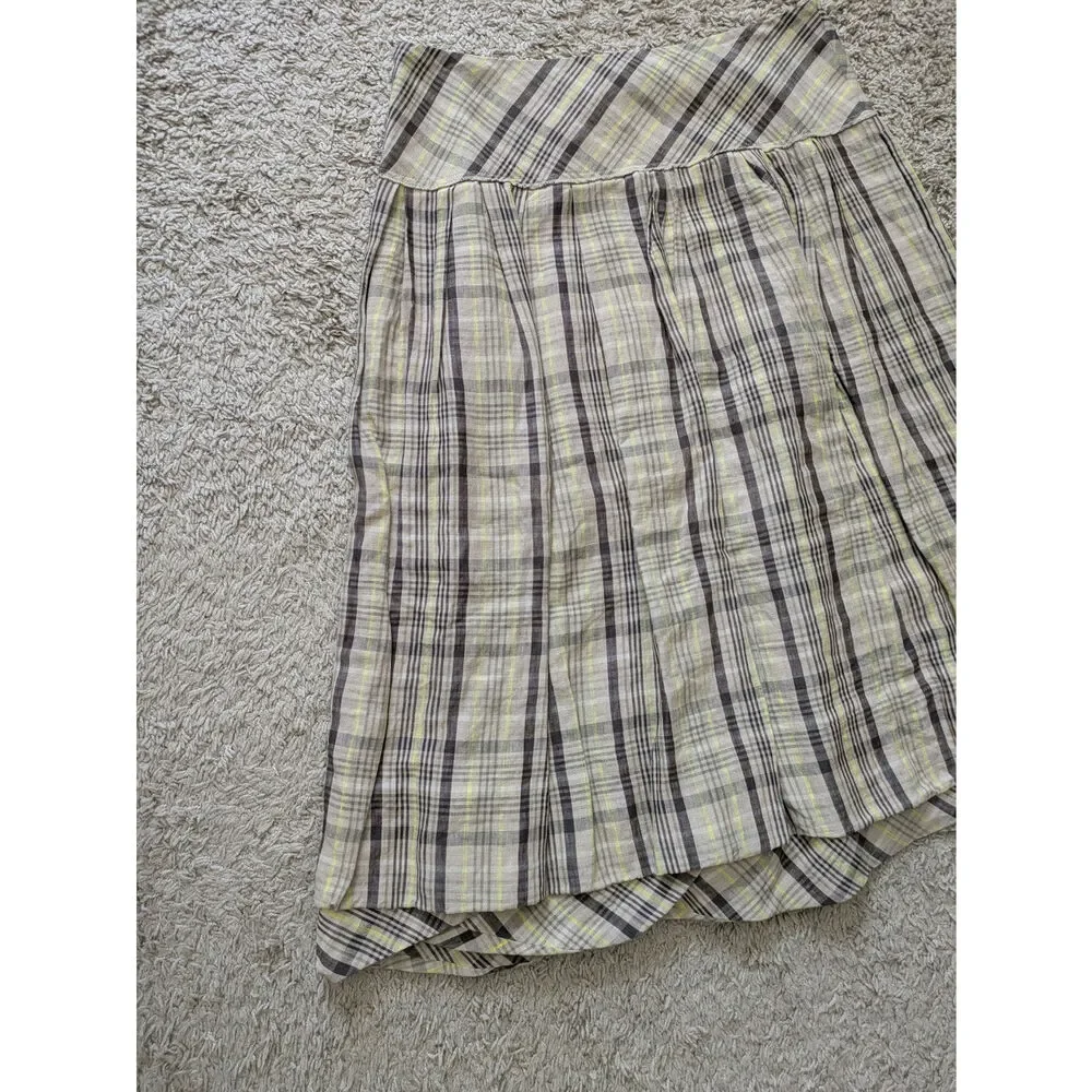 Lilith Heavy Linen Plaid Bubble Skirt Womens M/40 Brown-Yellow Prairie Lagenlook